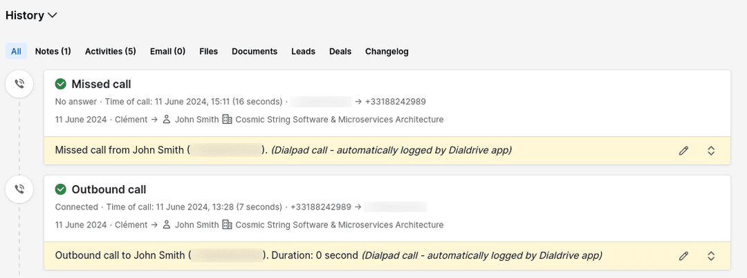 Calls are logged in Pipedrive